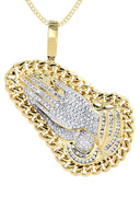 14 Yellow Gold Praying Hands Diamond Pendant &  Cuban Chain | 4.23 Carats