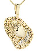 14 Yellow Gold Praying Hands Diamond Pendant &  Cuban Chain | 0.63 Carats