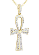 10K Yellow Gold Big Ankh Diamond Pendant & Cuban Chain | 0.45 Carats