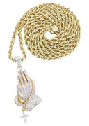10K Yellow Gold Praying Hands Diamond Pendant & Rope Chain | 5 Carats