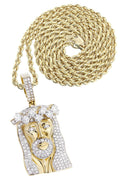 14K Yellow Gold Jesus Head Diamond Pendant & Rope Chain | 5.85 Carats