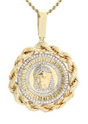 10K Yellow Gold Jesus Head Diamond Pendant &  Rope Chain | 1.7 Carats
