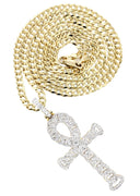 14K Yellow Gold Ankh Diamond Pendant & Cuban Chain | 1.88 Carats