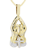 10K Yellow Gold Praying Hands Diamond Pendant & Cuban Chain | 0.73 Carats