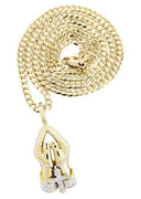 10K Yellow Gold Praying Hands Pendant & Cuban Chain | 0.46 Carats