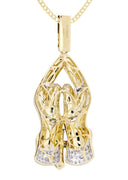 10K Yellow Gold Praying Hands Diamond Pendant & Cuban Chain | 0.73 Carats