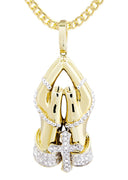 10K Yellow Gold Praying Hands Pendant & Cuban Chain | 0.46 Carats