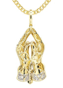 10K Yellow Gold Praying Hands Pendant & Cuban Chain | 0.46 Carats