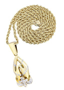 10K Yellow Gold Praying Hands Pendant & Rope Chain | 0.36 Carats