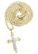 10K Yellow Gold Cross Pendant & Cuban Chain | 0.21 Carats