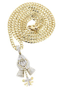 14K Yellow Gold Praying Hands Pendant & Cuban Chain | 3.01 Carats