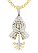 14K Yellow Gold Praying Hands Pendant & Cuban Chain | 3.01 Carats