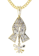 14K Yellow Gold Praying Hands Pendant & Cuban Chain | 3.01 Carats