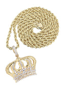 14K Yellow Gold Crown Diamond Pendant & Rope Chain | 0.16 Carats