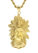Mens Gold Plated Rope Chain & Chief Head Pendant | Appx. 34.6 Grams