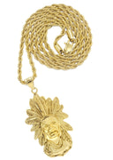 Mens Gold Plated Rope Chain & Chief Head Pendant | Appx. 34.6 Grams