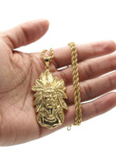 Mens Gold Plated Rope Chain & Chief Head Pendant | Appx. 34.6 Grams