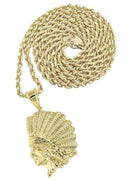 10K Yellow Gold Rope Chain & Gold Chief Head Pendant | Appx. 17.8 Grams