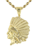 10K Yellow Gold Rope Chain & Gold Chief Head Pendant | Appx. 17.8 Grams