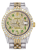 Iced Out Rolex Datejust 36 MM | Two Tone | 10 Carats of Diamonds | Full Diamond Green Arabic Diamond Dial