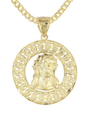 10K Yellow Gold Cuban Chain & Round Jesus Head Pendant | Appx. 19.5 Grams