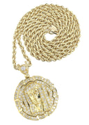 10K Yellow Gold Rope Chain & Jesus Head Pendant | Appx. 18.3 Grams