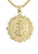 10K Yellow Gold Franco Chain & Jesus Head Pendant | Appx. 13.6 Grams