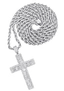 14K White Gold Cross Diamond Pendant & Rope Chain | 4.56 Carats