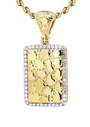 14K Yellow Gold Nugget Dog Tag Pendant & Rope Chain | 0.6 Carats