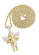 10K Yellow Gold Angel Diamond Pendant & Rope Chain | 0.96 Carats