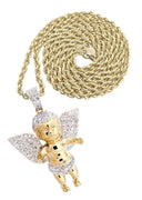 10K Yellow Gold Angel Diamond Pendant & Rope Chain | 1.87 Carats