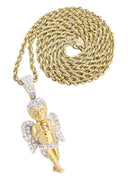 14 Yellow Gold Angel Diamond Pendant & Rope Chain | 1.31 Carats