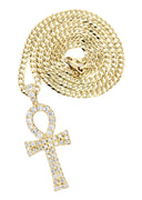 14K Yellow Gold Ankh Diamond Pendant & Cuban Chain | 1.78 Carats