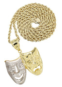 10K Yellow Gold Rope Chain & Theater Masks Pendant | Appx. 15.8 Grams