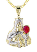 10K Yellow Gold Cuban Chain & Saint Barbara Pendant with Ruby Stone | Appx. 16.6 Grams