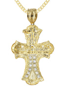 10K Yellow Gold Cuban Chain & Cz Gold Cross Necklace | Appx. 24.9 Grams