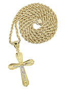 10K Yellow Gold Rope Chain & Gold Cross Necklace | Appx. 13.7 Grams