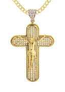 10K Yellow Gold Cuban Chain & Gold Cz Cross Necklace | Appx. 15.7 Grams