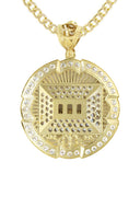 10K Yellow Gold Cuban Chain & Round Cz Last Supper Pendant | Appx 22.2 Grams