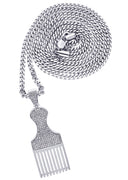 White Gold Plated Cuban Link Chain & Comb Pendant | Appx. 18 Grams