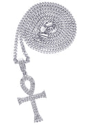White Gold Plated Cuban Link Chain & Ankh Pendant | Appx. 15.1 Grams