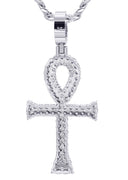 White Gold Plated Cuban Link Chain & Ankh Pendant | Appx. 15.1 Grams