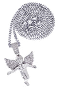 White Gold Plated Cuban Link Chain & Angel Pendant | Appx. 14.2 Grams