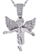 White Gold Plated Cuban Link Chain & Angel Pendant | Appx. 14.2 Grams