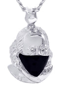 White Gold Plated Cuban Link Chain & Masked Benjamin Franklin Pendant | Appx. 32.1 Grams