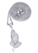 White Gold Plated Cuban Link Chain & Praying Hands Pendant | Appx. 28 Grams