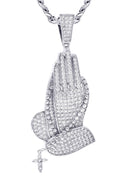 White Gold Plated Cuban Link Chain & Praying Hands Pendant | Appx. 28 Grams