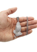 White Gold Plated Cuban Link Chain & Praying Hands Pendant | Appx. 28 Grams