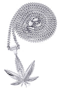 White Gold Plated Cuban Link Chain & Marihuana Leaf Pendant | Appx. 17.4 Grams