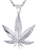 White Gold Plated Cuban Link Chain & Marihuana Leaf Pendant | Appx. 17.4 Grams